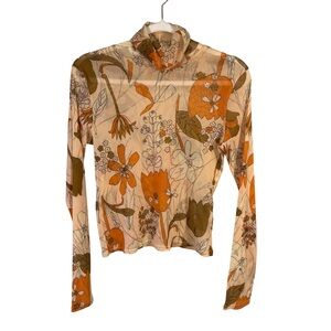Vintage Inspired Floral Print Long Sleeve Sheer Top Size XS Boho Festival